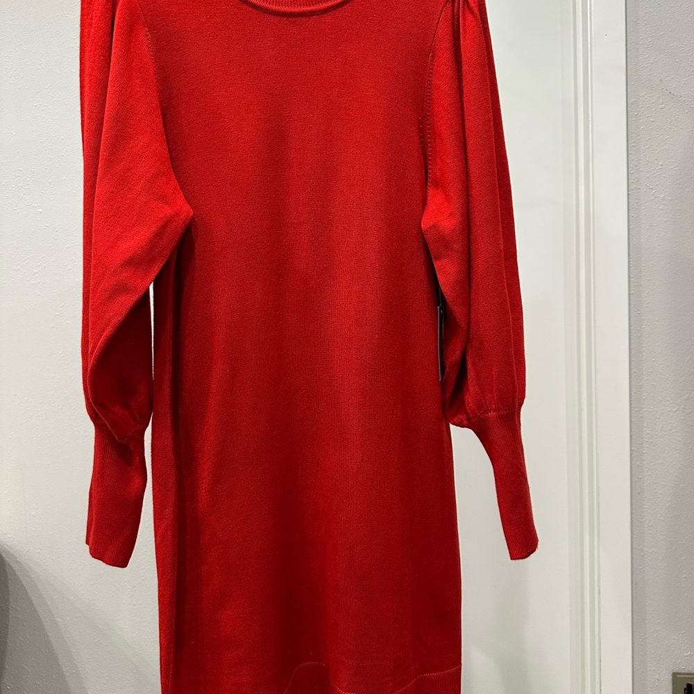 Vince Camuto Red Knit Dress Puff Sleeve Midi Spring Event Dress Size M NWT - Picture 3 of 11
